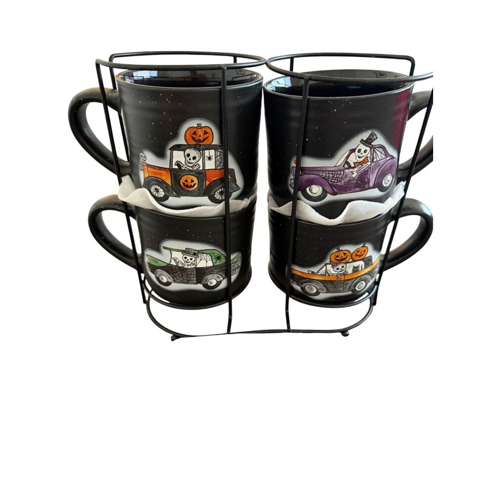 Cobwebs And Cauldrons Ceramic Halloween Set of 4 Mugs Pumpkins Skeletons In Cars - Picture 5 of 14